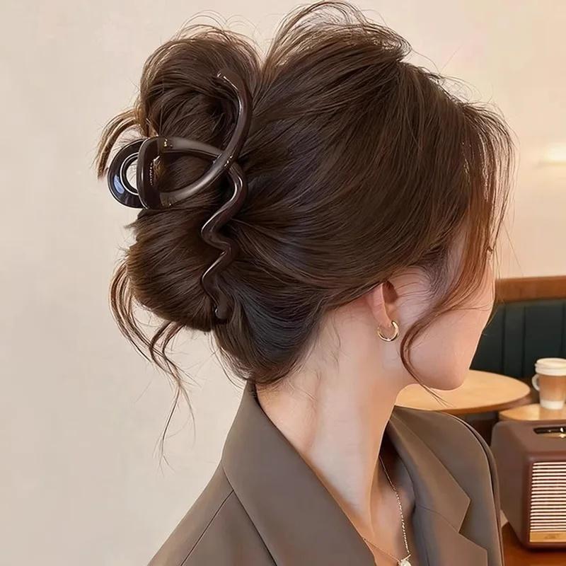 2Pcs/Set Elegant Solid Wave Plastic Hair Claw Clip, Sweet Hair Ornament Hairpin for Women Girls Fashion Hair Accessories