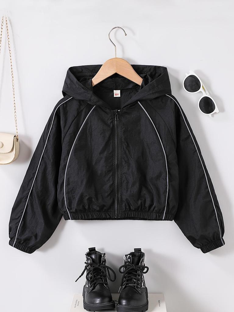 Mädchen 8-12 Jahre Ganzjahres Freizeitjacke, Raglan Langarm Reißverschluss Kurzer Mantel mit Reflektierendem Streifen, Leichte Outdoor Lauf- und Radsportbekleidung