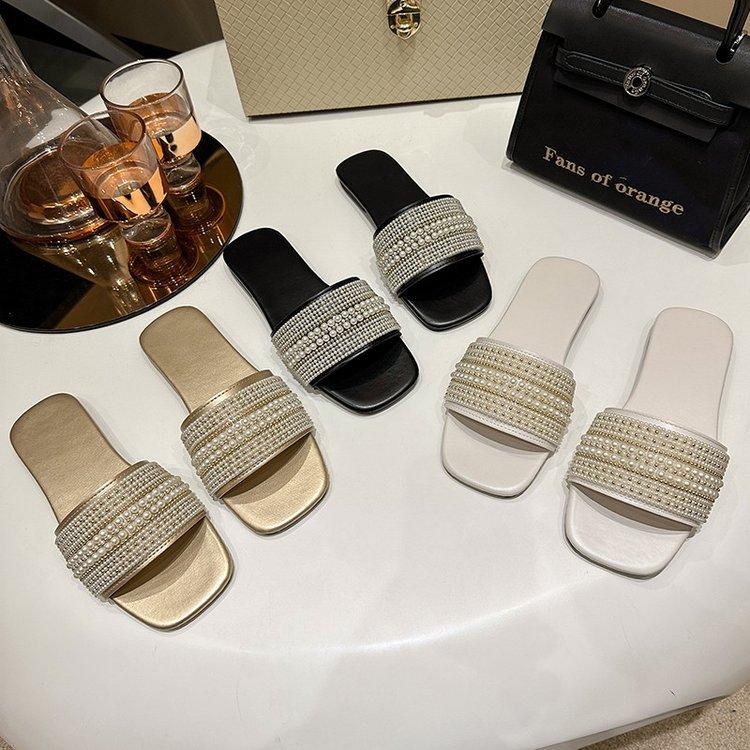 Large size flat-bottomed slippers women's summer new pearl one-word lazy one-pedal soft-soled slippers outer wear