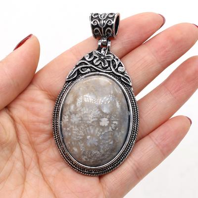 1Pc Natural Stone Coral Jade Pendant, Bohemian Style Oval Charms For Jewelry Making DIY Necklace Accessories, Unique Birthday Party Gifts 40x60mm