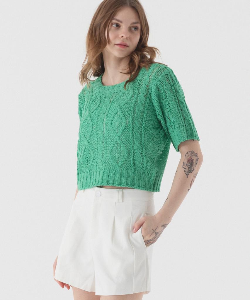 PIANER See-Through Punched Boucle Short Sleeve Knit (Green)