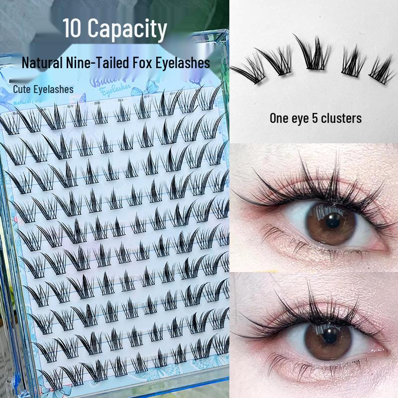 Natural Style Nine-Tailed Fox False Eyelashes – Large Capacity, Photogenic, Segmented Clusters for Beginners, 10 Rows.