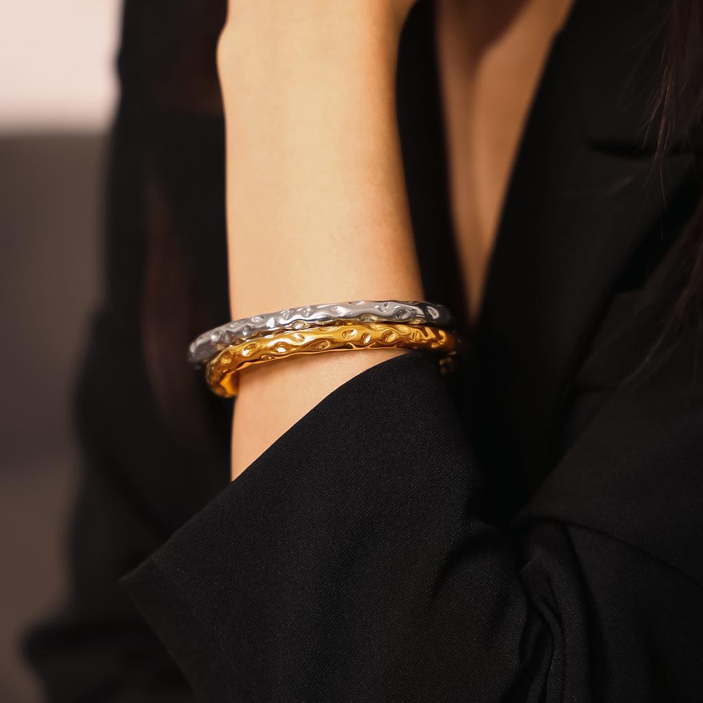 316L Stainless Steel Bracelet Bangles For Women 18K Gold Plated No Tarnish Natural Bumpy Texture Women's Bracelets Cuff Bangle