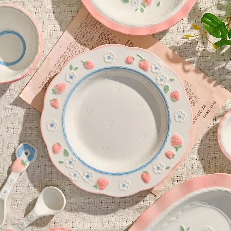 Cute Pink Strawberry Hand-painted Underglaze Ceramic Tableware Household Soup Bowl and Dish Set Dinner Plates