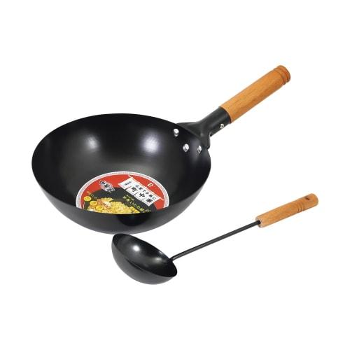 PEARL METAL HC-286 26cm Deep Iron Frying Pan, Induction Compatible, with Ladle, Perfect for Fried Rice and Vegetable Stir-frying, Ideal for Chinese Ho
