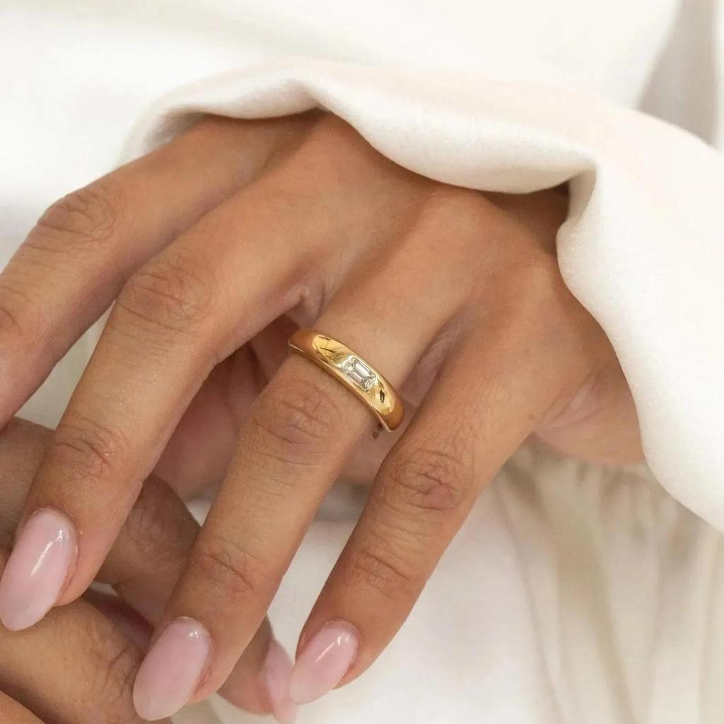 Emerald Cut Cubic Zirconia Wedding Band: Yellow Gold Plated Signet Ring: Art Deco Jewelry Gift For Unisex