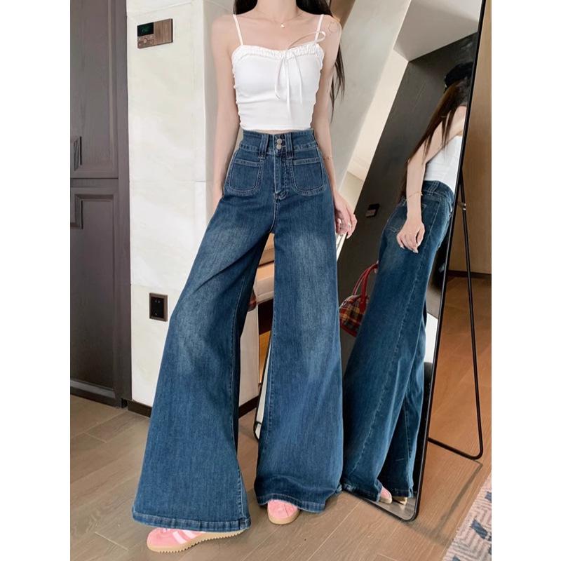 Petite Women's Retro Blue Wide-Leg Floor-Length Loose Jeans