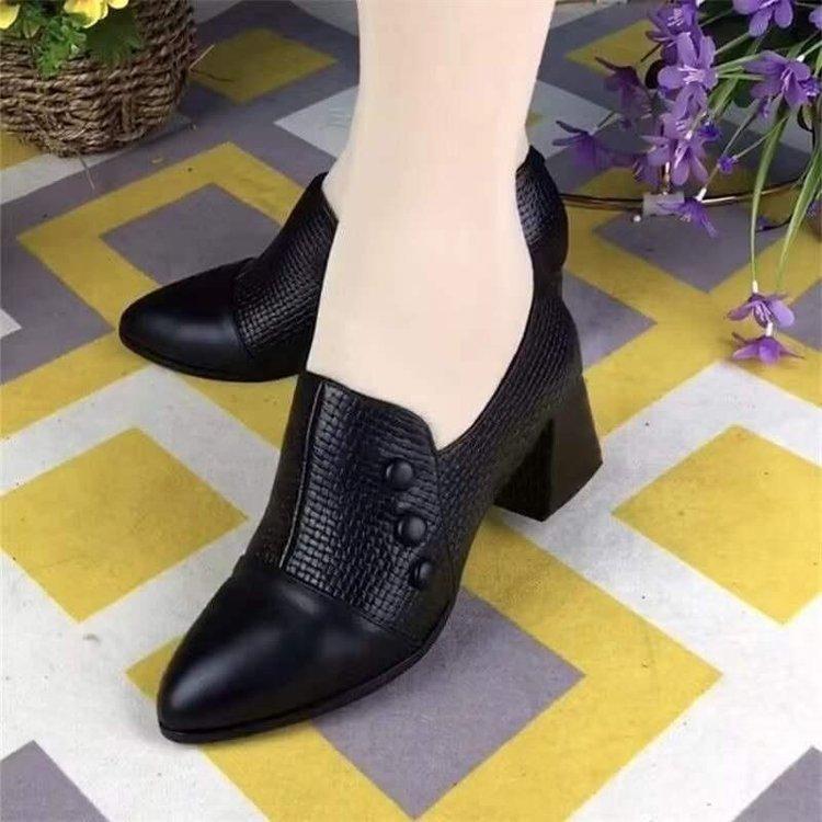 Spring and Autumn thick heels women's shoes pointed buttons plaid comfortable shallow mouth fashion work shoes