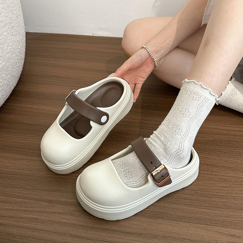Women's Mary Jane hole shoes summer college simple versatile Birkencool slippers home wear solid color bag head slippers