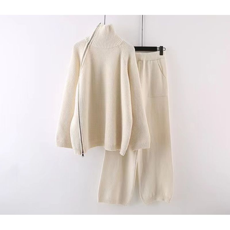 

Fashion Side Zipper Turtleneck Sweater Pants Loose Outfit Side Zipper Sweater Pants Set Beige One size