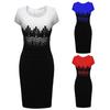 Frauen Sexy Kurzarm Spitze Patchwork Farbblock Knielanges, Figurbetontes Kleid