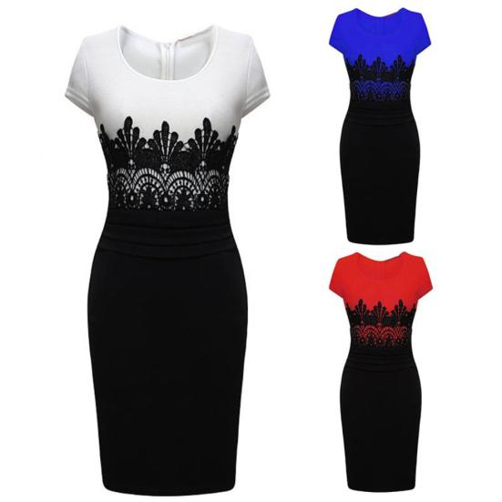 Women Sexy Short Sleeve Lace Patchwork Color Block Knee-length Bodycon Dress