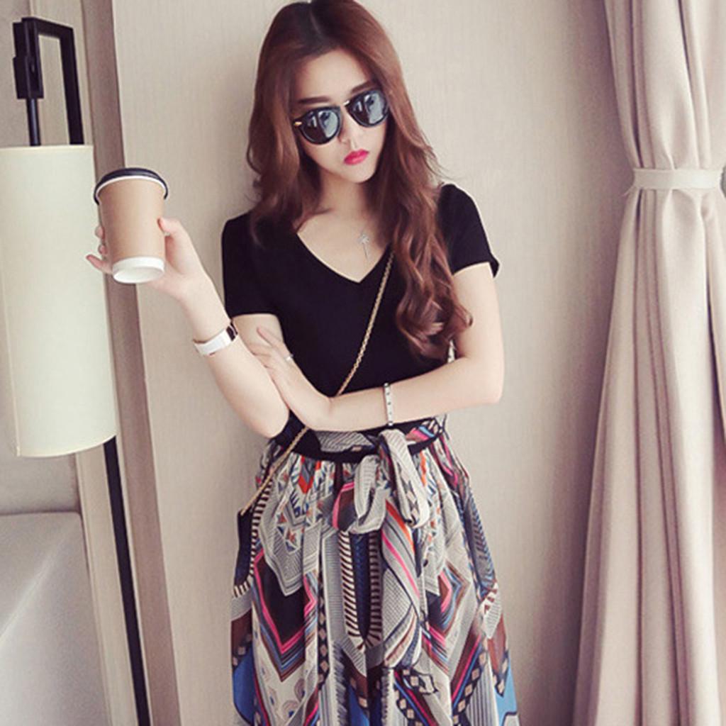 Korean Fashion Chiffon V Neck Maxi Dresses Women Floral Long Dresses