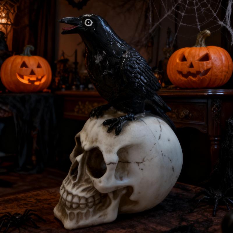 Resin Skull with Crow Ornament - Halloween Decoration and Gift