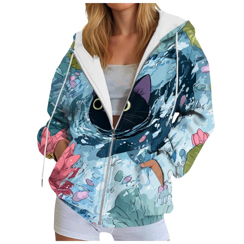 Funny Animal Print Hooded Sweatshirt Zipper Top Women'S Oversize Casual Cardigan Jacket With Pockets Long-Sleeve Outerwear Tops