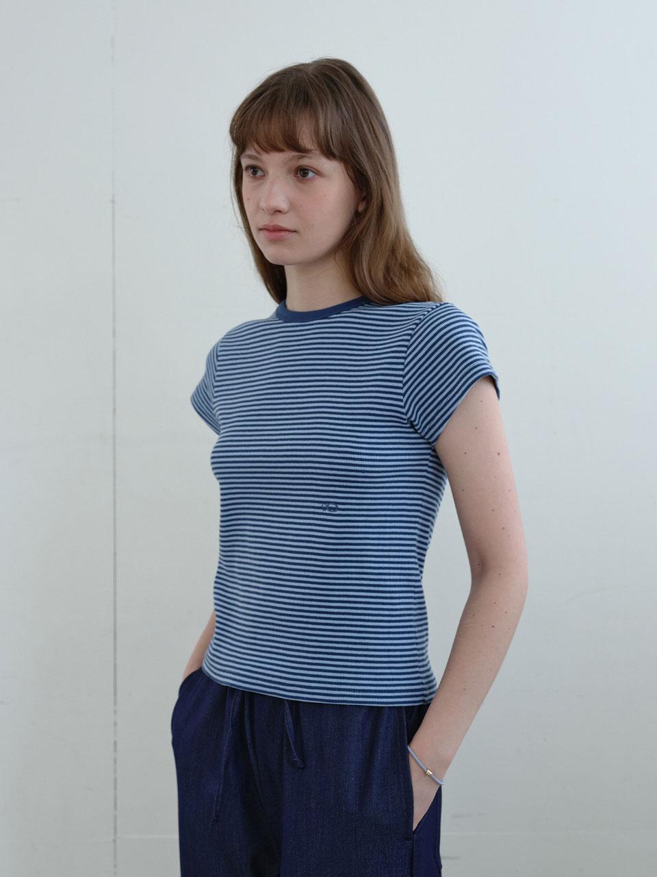 Enzo Blues Striped Cap Sleeve T-Shirt (Blue Stripe) F