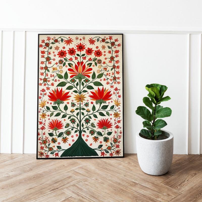 Indischer Lebensbaum Vintage Volkskunst Blühender Baum Böhmische Kunst Poster Leinwandmalerei Wanddrucke Bild für Zimmer Heimdekor