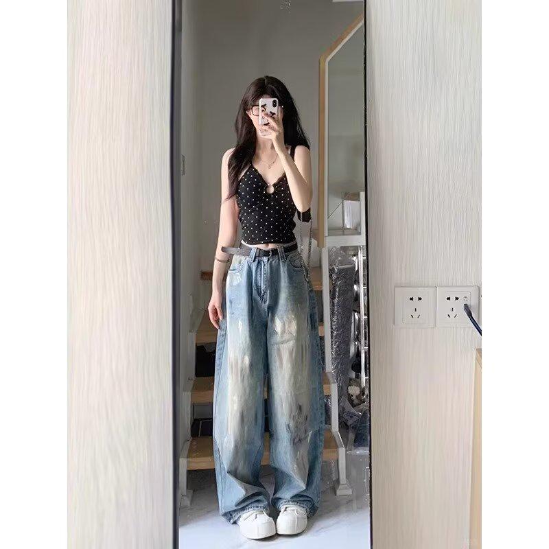 

Унисекс Ретро Джинсы Флис с Эффектом Брызг - Модные Свободные Прямые Широкие Штанины Американский Уличный Стиль M