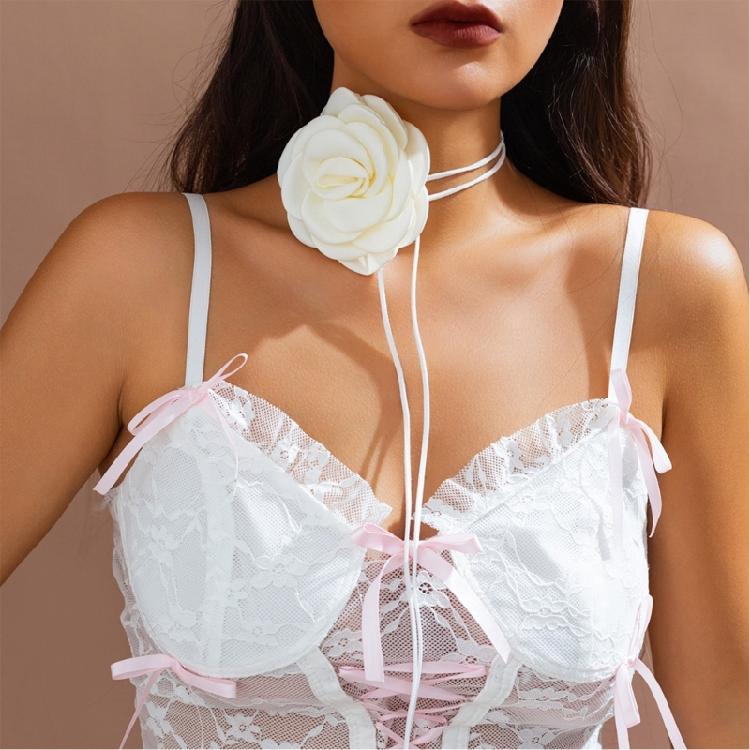 Fabric Flower Choker Necklace Long Tied Rope Lock Collarbone Chain Gift for Girl