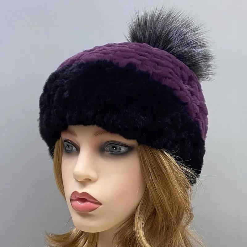 Winter Hat Women Pompom Warm Natural Rex Rabbit Fur Cap Thick Headwear Classic Popular Female Stylish Knitted Hat