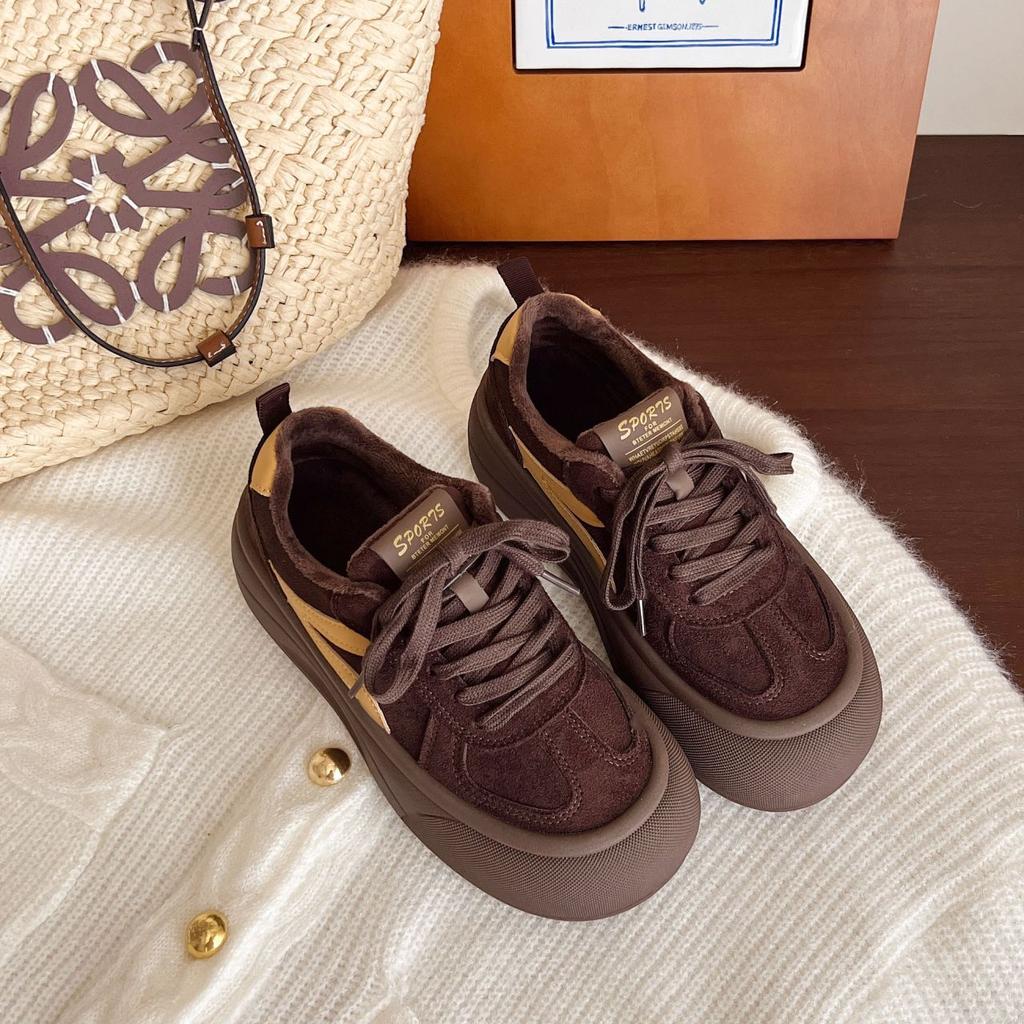 Chaussures de sport décontractées et légères pour femmes, style rétro, niche, velours chaud, deux cotons, semelle épaisse muffin