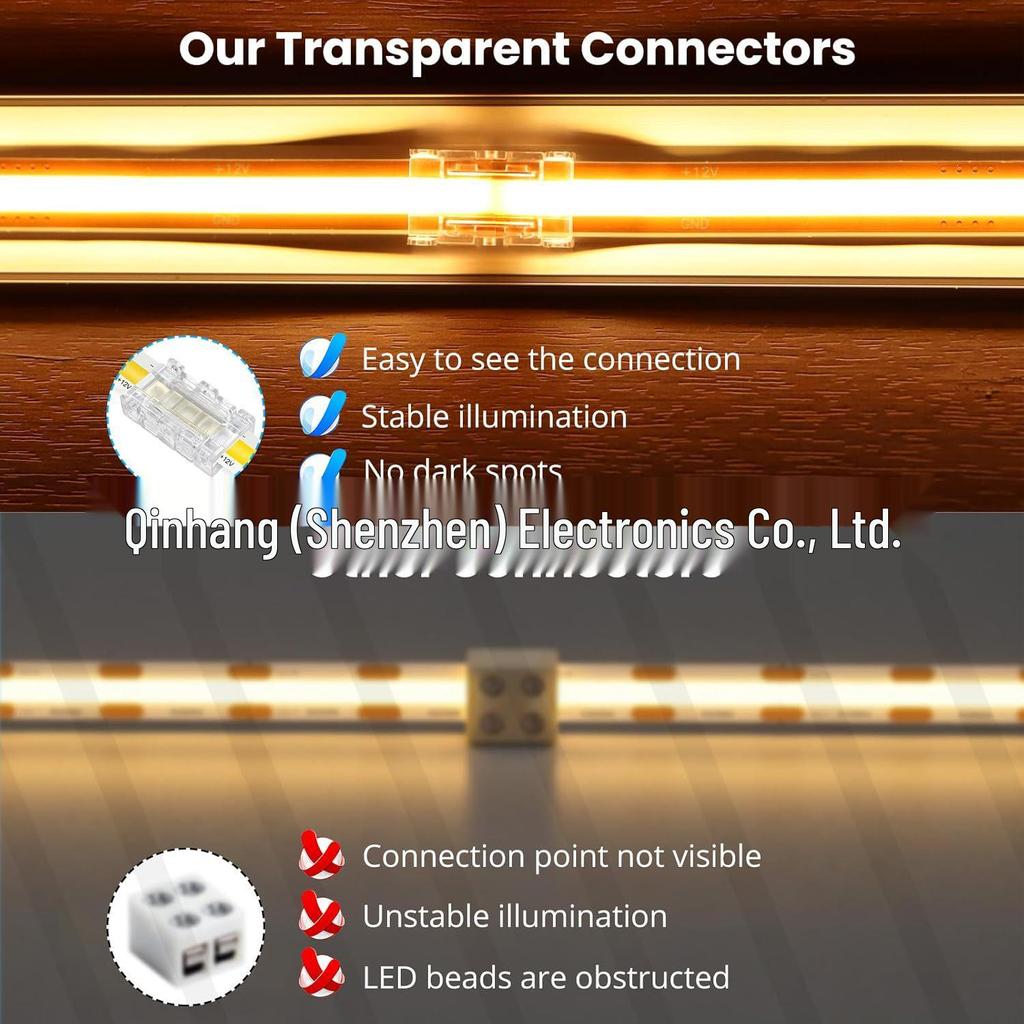 Solderless 2p LED Strip Connector - Transparent Crystal Buckle for 8mm/10mm, No Dark Areas