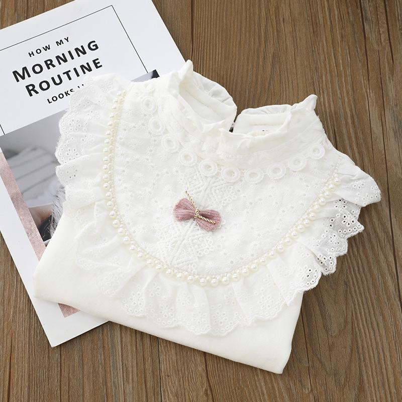 Girls' White Lace Trim T-shirt with Turn-down Collar - Autumn Style