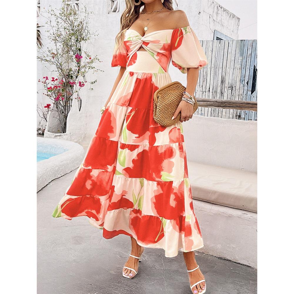 Sommerkleid für Damen, elegant, mit Blumenmuster und ausgehöhlten Schultern