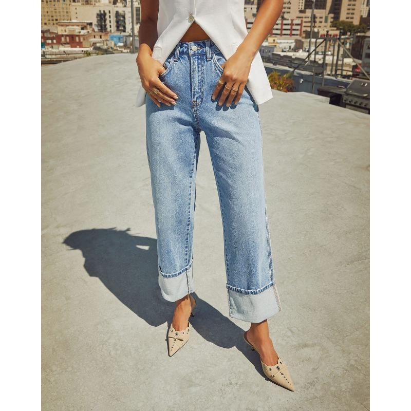 Women's Spring New Stretch Straight Jeans Quality Models Retro Rolled High Waist Trousers