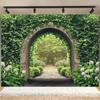 1pc Spring Garden Backdrop - Green Shutters and Stone Arch Scene for Weddings Birthdays Anniversaries and Outdoor Parties