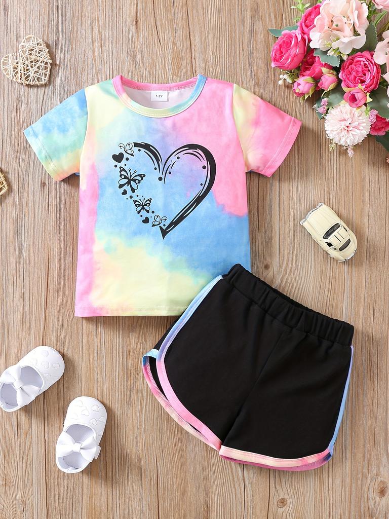 Girls Summer Outfit New Tie Dye Heart Print Short Sleeve Top  Shorts Set Casual Style