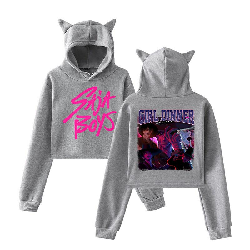 Cartoon Characters KPop Demon Hunters Printed Women Hoodie Cat Ears Long Sleeve Crop Tops Saja Boys Trend Harajuku Streetwear Women's Clothing