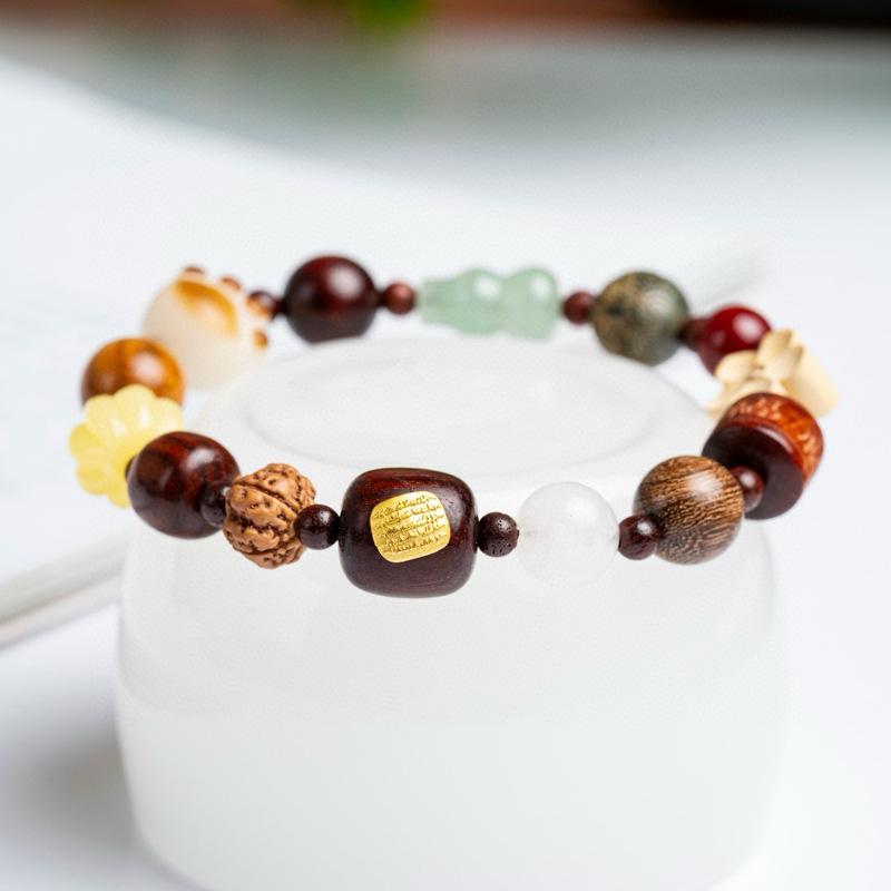 Multicolored Chalcedony Gourd Bracelet with Eighteen Handmade Prayer Beads and Five Sutras