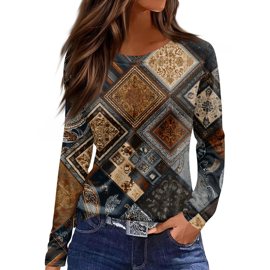 Women's Fashion Hem Slit Casual Retro Floral Print Round Neck Long Sleeve Top