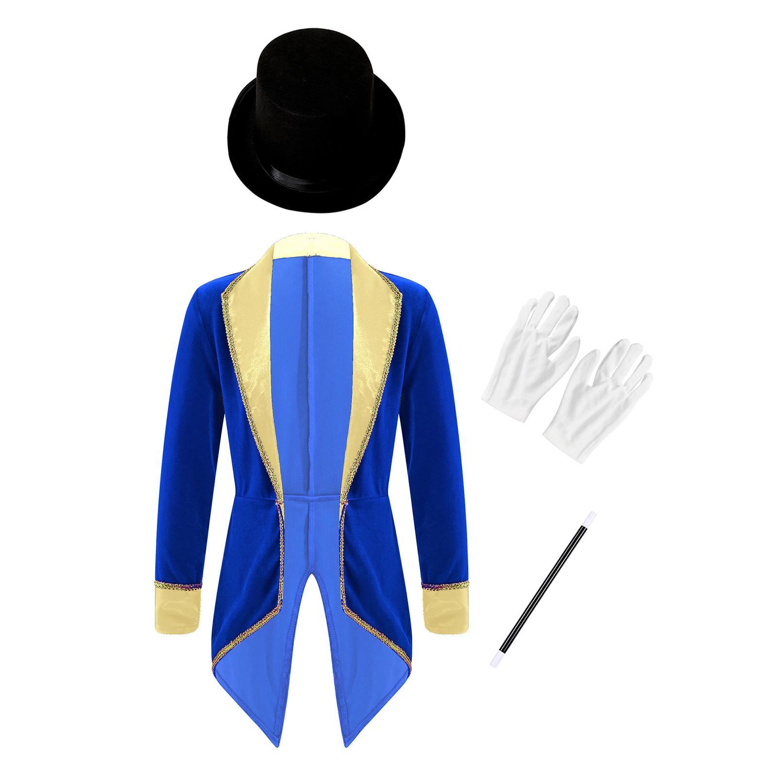 Ensemble Costume Cosplay Maître de Piste Magicien Dompteur de Lions Garçons Filles Manches Longues Revers Queue de Pie avec Chapeau Baguette Magique Gants 6
