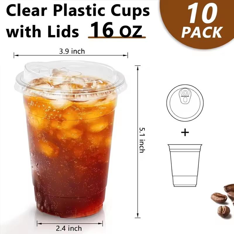 

New 10Pcs Clear Plastic Cups With Lids 16 Oz Disposable Cups For Iced Coffee Bubble Tea Durable Leak-Proof