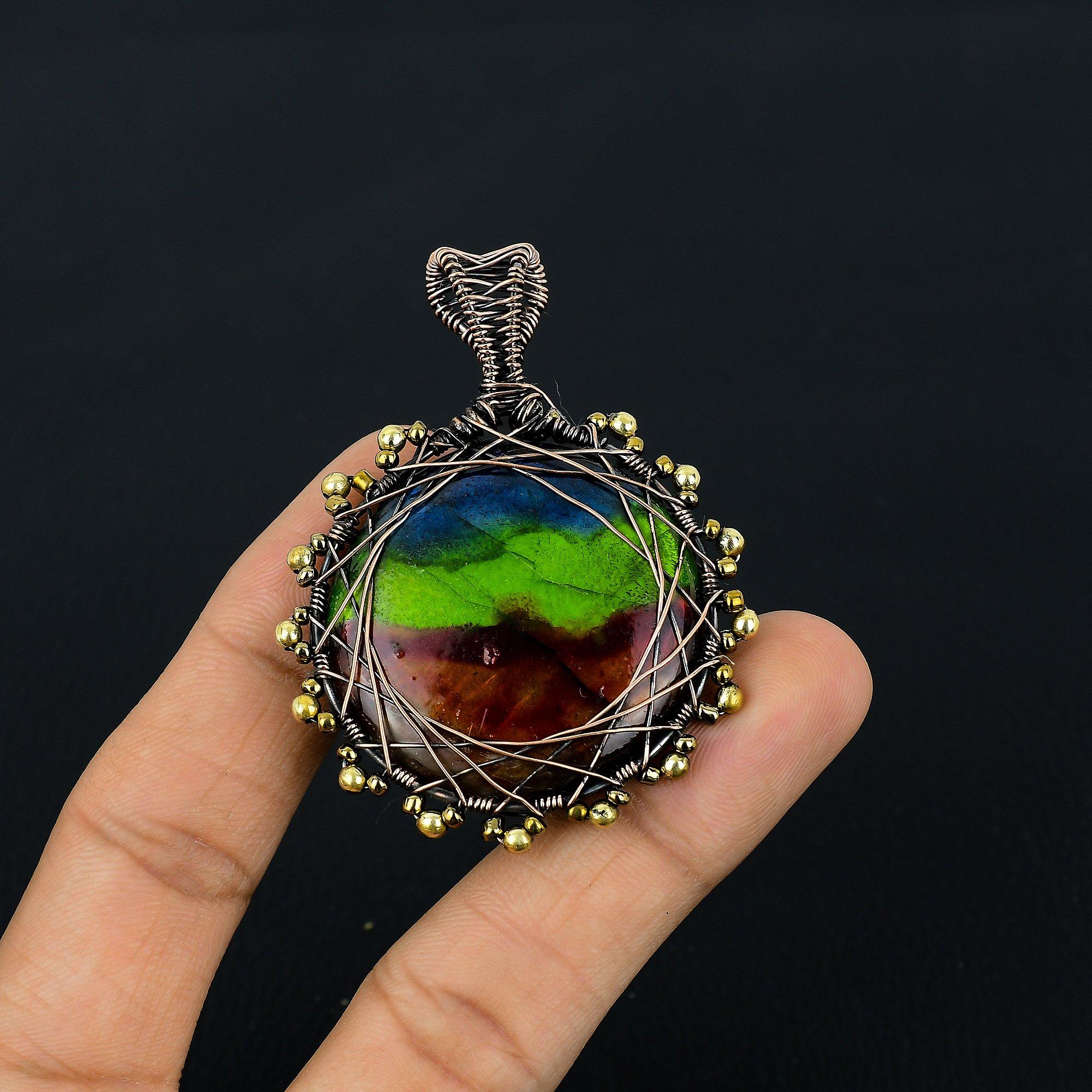 

Color Labradorite Pendant Gemstone Handmade Jewelry, 999 Copper Wire Wrapped Pendant, Gift For Wife Jewelry 2.55 Inches