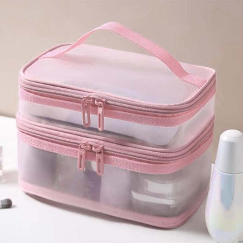 Double Layer Cosmetic Bag Toiletry Clear with Handle Multifunctional Foldable Travel Makeup