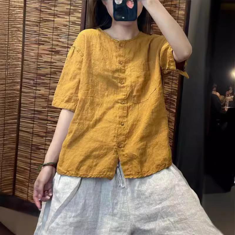 Cotton and linen short-sleeved crew neck shirt women's summer new retro literary loose versatile cardigan top