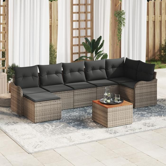 Ensemble de canapé de jardin 8 pièces avec coussins gris en poly rotin et acacia 3347482