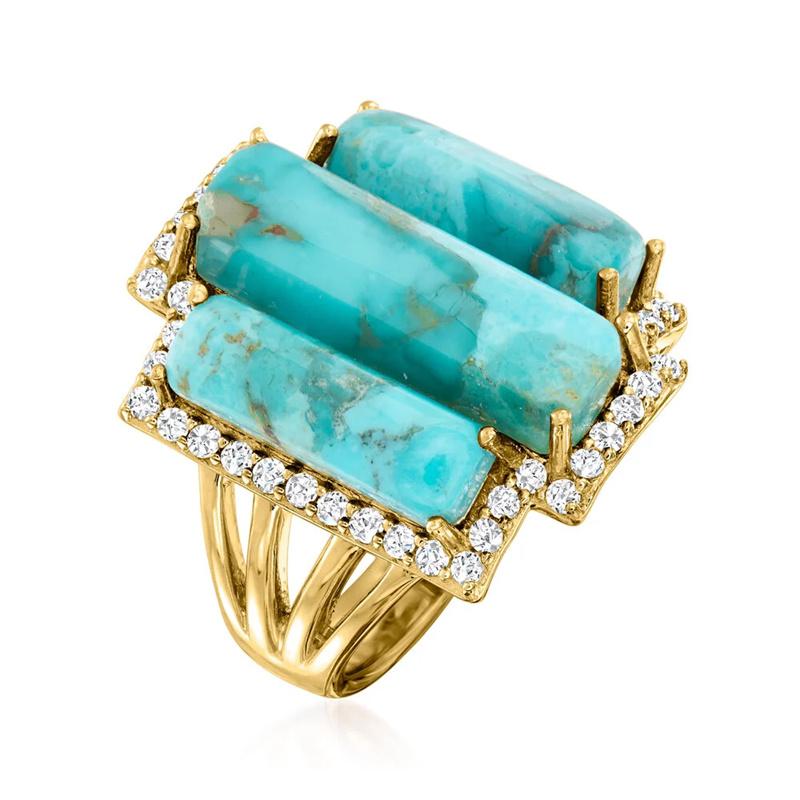 Anello da Donna Etnico Intarsiato con Zirconi Bianchi e Turchese Sintetico, Colore Oro Vintage, Geometria, Gioiello Quotidiano, per Feste, Regalo di Anniversario
