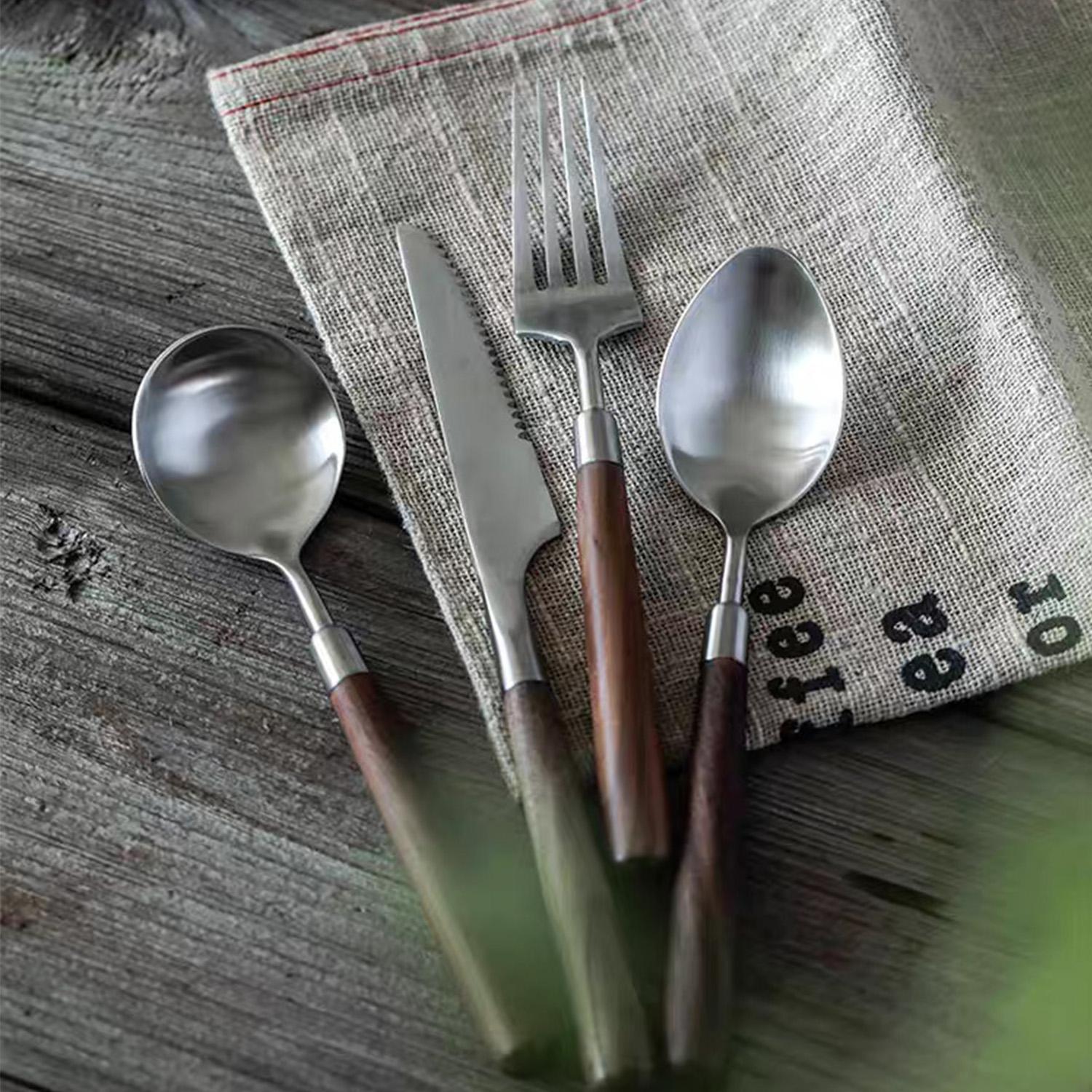 

Набор столовых приборов с ручкой из орехового дерева, нож для стейка, вилка, ложка, прочные толстые столовые приборы для стейка, десерта, посуда в западном стиле коричневый/серебряный