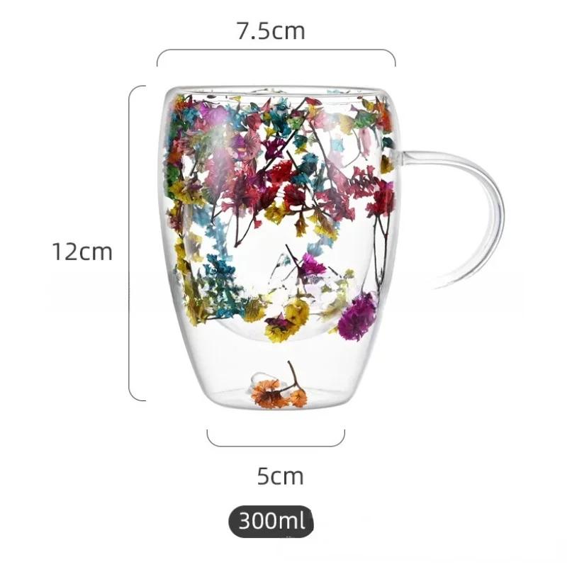 Double-layer Dried Flower Glass Cup High Temperature Resistant Coffee Cup with Handle Dried Flower Decorative Milk Breakfast Cup