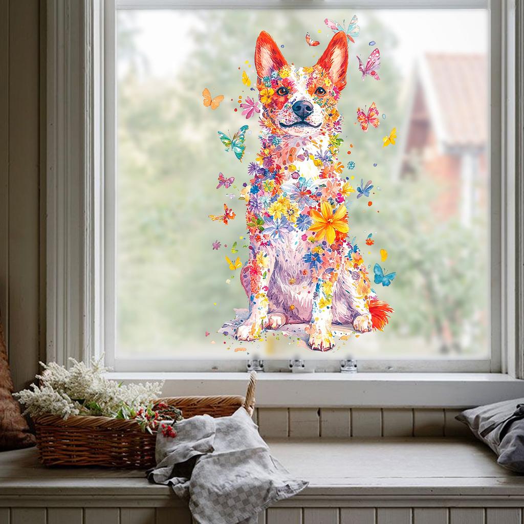 Watercolor Dog Floral Butterfly Window Sticker Static Cling Decal Bedroom Living Room Study Room Home Decor Removable
