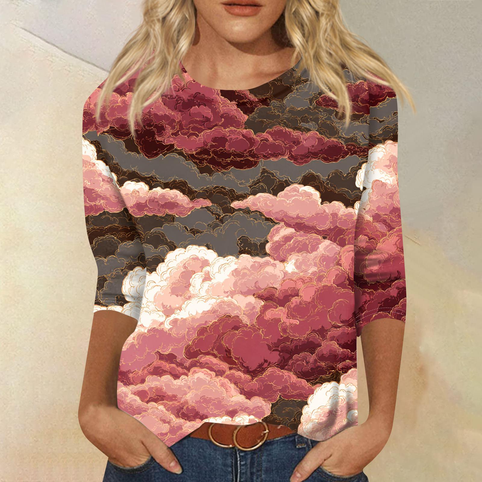 

Женская модная повседневная футболка с круглым вырезом, рукавом три четверти и градиентным принтом XXXL винный