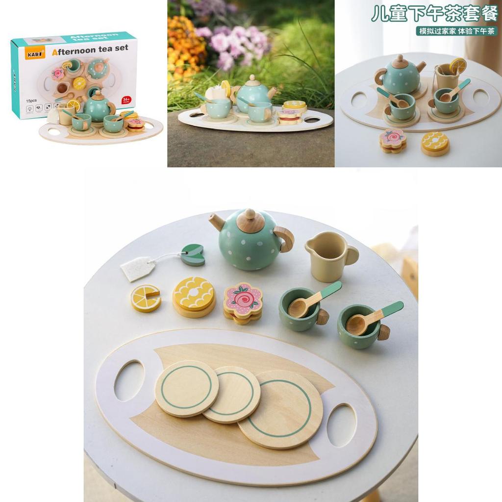 Children Pretend Play Tea Set With Wooden Pots And Cakes For Imaginative Kitchen Play