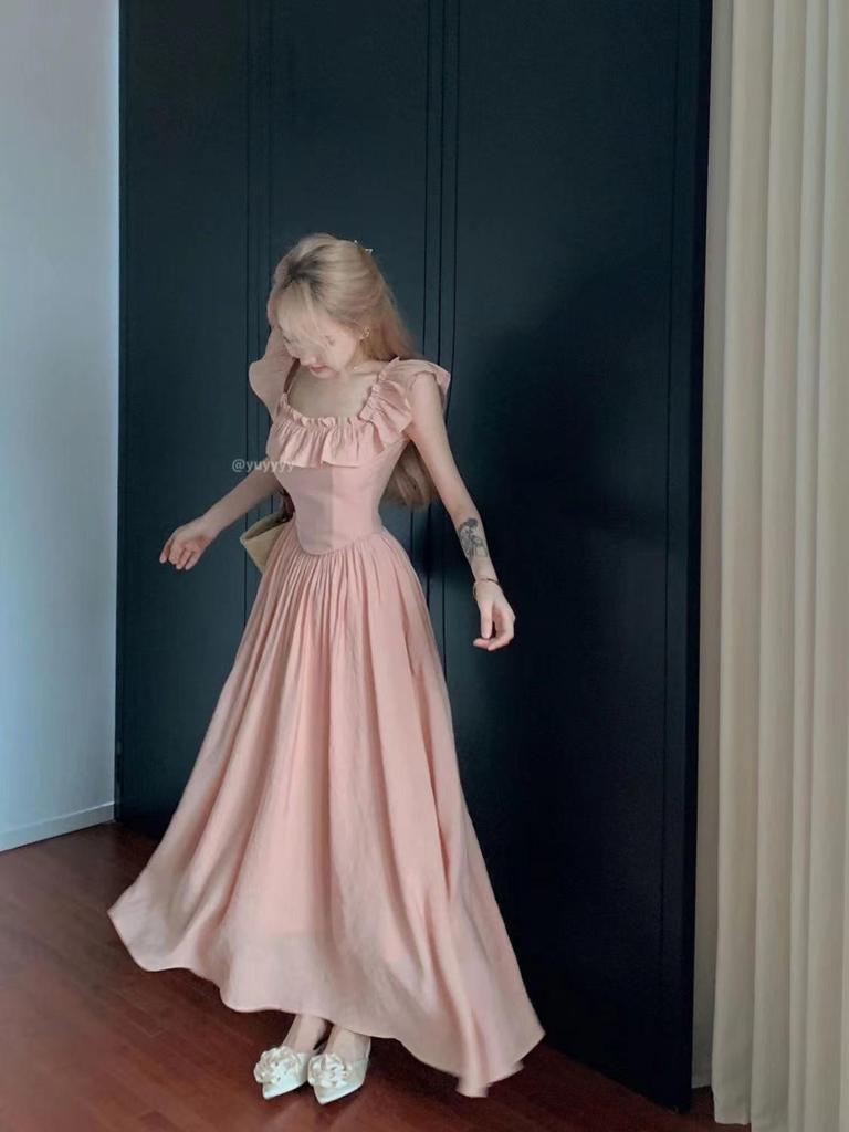 Lined Flutter Sleeve Ruffle Dress - Square Neck, Fitted Waist, Long French Style for Women, Perfect for Summer Elegance