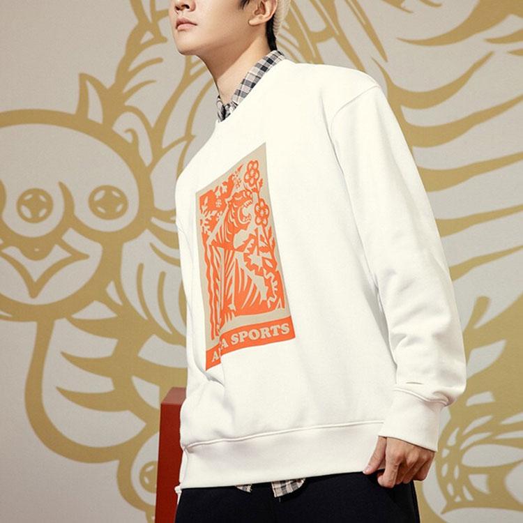 Anta Life Series Tiger Pattern Print Round-Neck Pullover Sweater New Year Edition Unisex Tops White 152218730-1