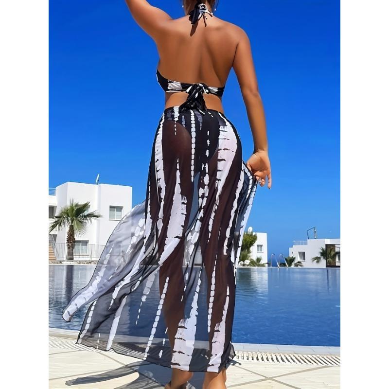 Women's Tie-Dye Print Halter Bikini 3-Piece Swimsuit with Cover Up Dress