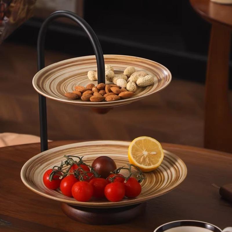 Ceramic Tray Double-layer Dessert Plate Afternoon Tea Dessert Plate Desktop Storage Container Ceramic Plate Wood Tray
